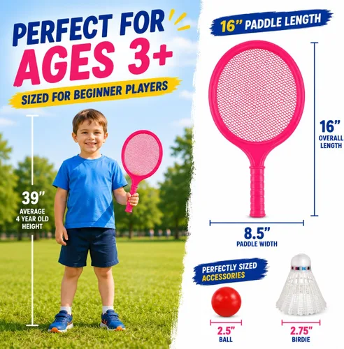 Vista 6 de Juego de raqueta de bádminton para niños, niños pequeños con paletas, pelota y pájaro, para estudiantes de jardín de infantes, deportes al aire