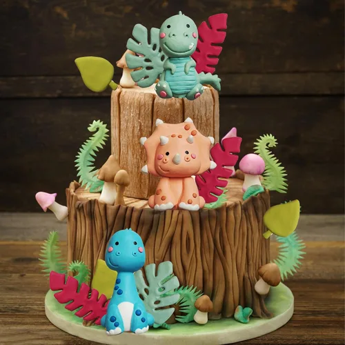 Vista 3 de 12 piezas de decoración de pastel de dinosaurio lindo bosque de dinosaurios