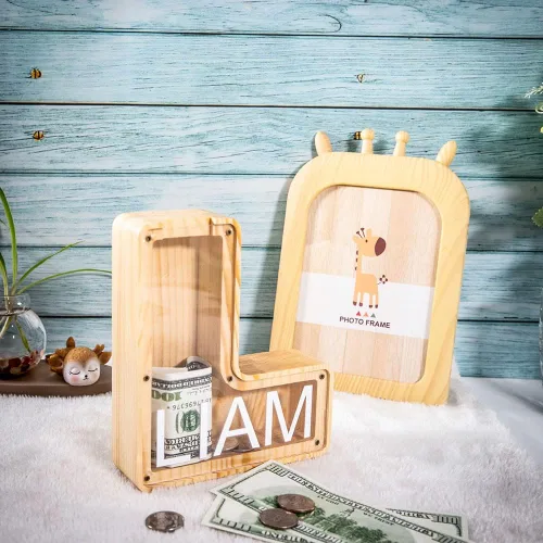 Vista 3 de Alcancía de madera con letras personalizadas para niños, niñas, niños, adultos, depósito de almacenamiento personalizado, monedas, alfabeto, caja