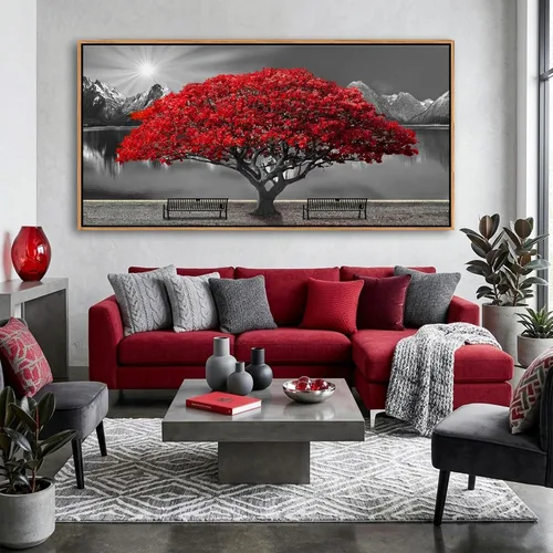 Vista 13 de Mofutinpo Arte de Pared de Árbol Rojo en Blanco y Negro Impresión en Lienzo Cuadro Paisaje de Árbol Rojo Grande Obra de Arte Moderna para Sala