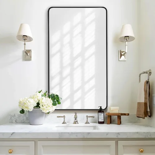 Vista 15 de Espejo rectangular de baño de 30 x 30 pulgadas con marco de metal negro, espejo rectangular de esquina redondeada para pared, moderno y grande