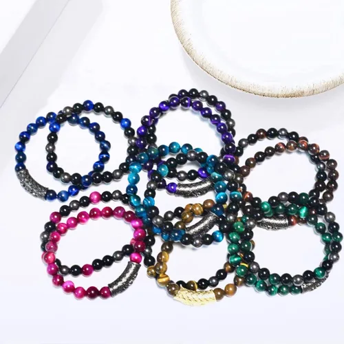 Vista 3 de 2 pulseras de triple protección, ojo de tigre natural, obsidiana negra y hematita, cuentas de 0.315 in para hombres y mujeres, regalo de pulsera