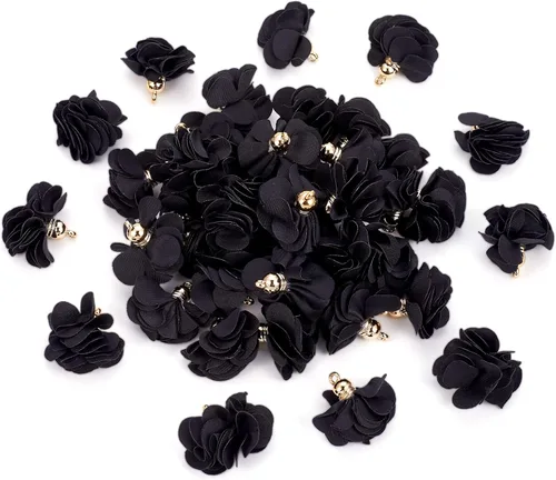 Vista 8 de Cheriswelry 50 colgantes de tela de tela de flores de tela negra con pétalos florales con tapa dorada en forma de campana para manualidades, aretes