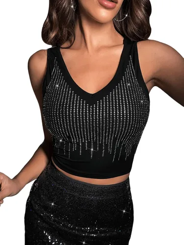 Vista 4 de Floerns Camiseta corta sin mangas de piel sintética con cuello en V para mujer