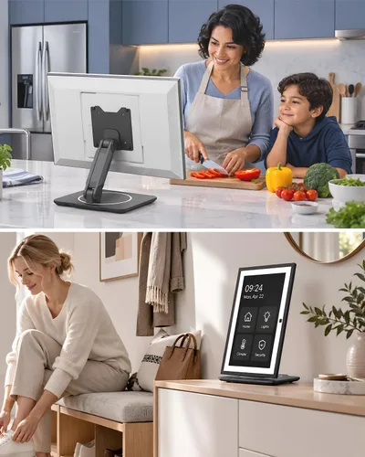 Vista 2 de Viozon Soporte ajustable compatible con Echo Show 15 y 21, base resistente giratoria de 360°, brazo plegable, construcción de aleación de aluminio