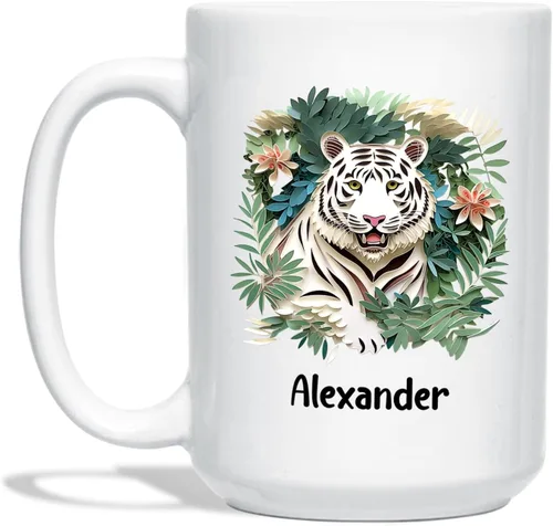 Vista 10 de Taza de café blanca personalizada con nombre de amante de escarabajos, taza de café personalizada de origami de 11 15 onzas, taza de café floral