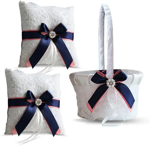 Vista 9 de Juego de almohada y cesta de anillo de marfil Colección de encaje niña de flores y cesta de bienvenida para invitados, cestas de boda hechas a