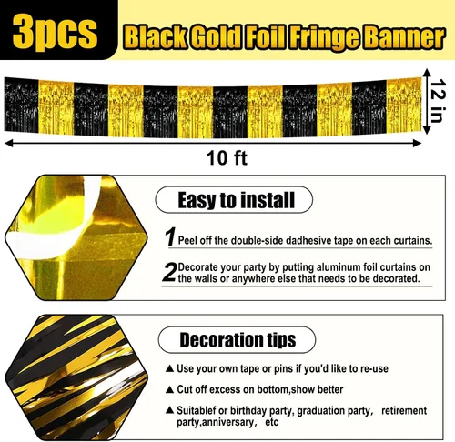 Vista 2 de Paquete de 3 guirnaldas largas de flecos metálicos de aluminio negro dorado para colgar en la pared, Día de la Madre, Pascua, flotadores de desfile
