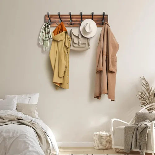 Vista 6 de Perchero de Pared de Montaje en Pared, Perchero de Pared de Madera Resistente para Pared, 6 Ganchos Triples para Colgar Abrigos, Chaqueta, Sombrero