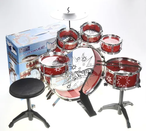 Vista 2 de PowerTRC Juego de instrumentos de batería musical Tambor de juguete para niños El juego incluye 6 baterías, platillo, silla, pedal de patada