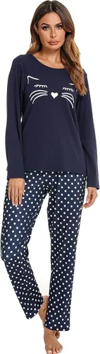 Vista 2 de Homimor Cotton Pajamas For Women, Long Sleeve Sleepwear with Long Pants, Cat Printed Pj Loungewear Sets, PJ Set for Women