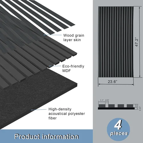 Vista 4 de Paneles acústicos de listones de madera de 4 piezas para una decoración elegante y reducción de ruido, panel texturizado 3D para techo y pared