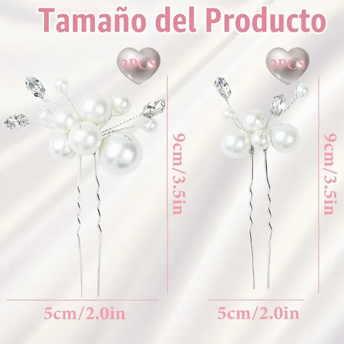 Vista 2 de Pinza para el cabello, 4 horquillas de perlas para el cabello, plateadas, para mujeres y niñas, accesorios para el cabello de boda