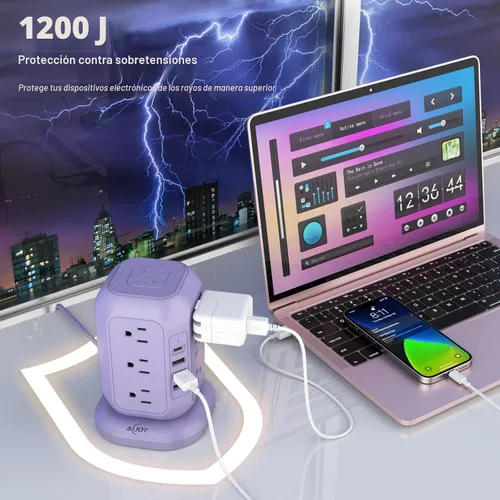 Vista 4 de Regleta de alimentación USB C en forma de torre, protector de sobretensiones con 12 tomas de CA y 4 puertos USB, AiJoy cable de extensión de 10