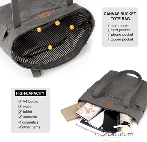 Vista 5 de DOURR Bolsos de hombro para mujer, bolsa de lona resistente para trabajo, bolsa de cubo retro