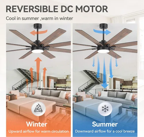 Vista 6 de Ventiladores de techo de 72 pulgadas con control remoto de luces LED, 8 aspas industriales de doble color, ventilador de techo grande con motor