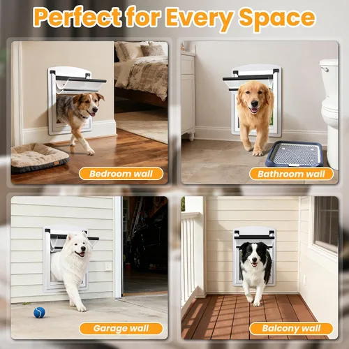 Vista 5 de Puerta de perro para pared, puerta de perro de acero con túnel telescópico, puerta de mascotas resistente a la intemperie con dos paneles de bloqueo