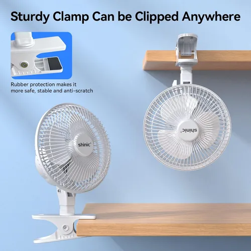 Vista 3 de shinic Ventilador portátil de clip de 6 pulgadas con abrazadera fuerte, 2 velocidades, cabeza ajustable, potente flujo de aire, mini ventilador