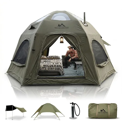Vista 10 de Tiendas de campaña inflables para 4/6/8/10 personas, tienda de campaña inflable grande con gato de estufa, tienda inflable para 4 estaciones