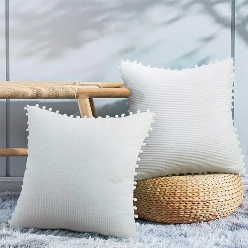 Vista 7 de Juego de 2 fundas de almohada decorativas de pana con pompones, 18 x 18 pulgadas, fundas de cojín suaves de rayas de maíz sólido para sofá sala