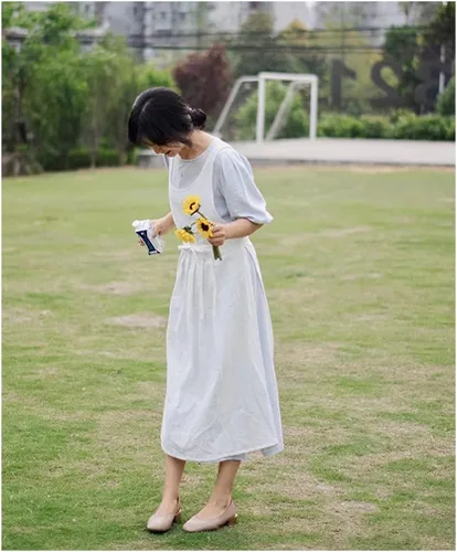 Vista 8 de Vestido estilo pinafore de algodón con cuello en V y cuello en V para mujeres y niñas