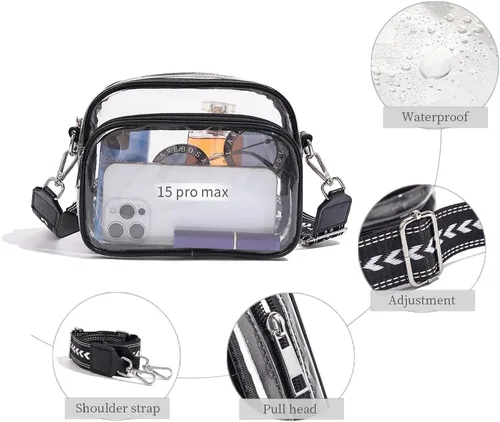 Vista 2 de Bolso transparente aprobado por el estadio, bolso cruzado transparente para mujer para conciertos, deportes y festivales (negro)