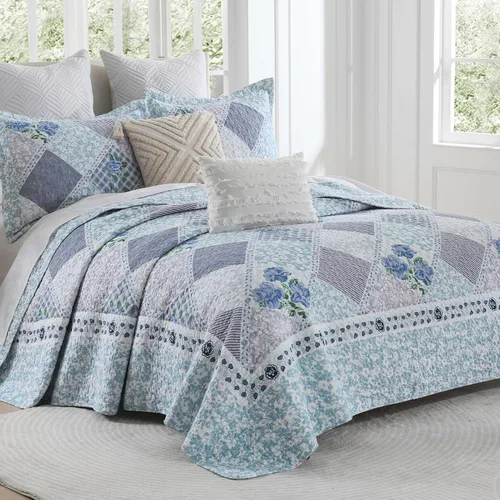 Vista 2 de DDUOXIN Colcha floral extragrande tamaño King de 128 x 120 pulgadas, edredón reversible de 100 % algodón con 2 fundas de almohada, cubrecamas de Azul