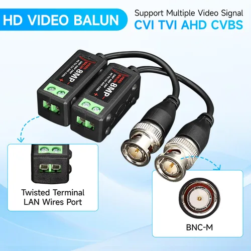 Vista 3 de 4 pares de conectores de balun de video pasivo 4K 8MP HD, CCTV BNC pasivo de video balun transceptor para BNC macho a través de un transmisor de par