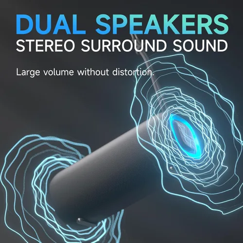 Vista 3 de Altavoz Bluetooth portátil, altavoz Bluetooth inalámbrico con sonido estéreo claro y fuerte, altavoces impermeables IPX5 con luces RGB, BT5.3, largo