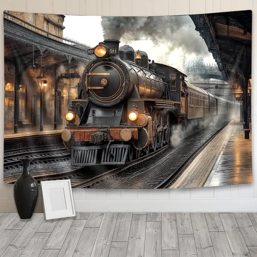 Vista 18 de Tapiz de Tren de Vapor, Tapices de Paisaje Otoñal de Tren de Motor Antiguo Decoración para Niños, Tapices de Arte de Acuarela de Bosque de Montaña
