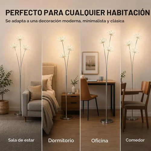 Vista 5 de DYRABREST Moderna lámpara de pie LED de diente de león de cristal con control remoto de pie, elegante luz de pie de 5 cabezales para sala de estar