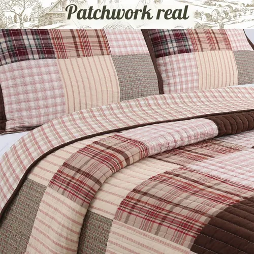 Vista 3 de Cozy Line Home Fashions Juego de ropa de cama reversible con diseño de mosaico real Brody Farmhouse Chocolate Plaid a rayas, colcha colcha