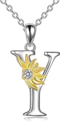 Vista 19 de POPLYKE Collar de girasol con inicial para mujer, plata de ley 925, colgante de girasol, cadena con dije de letra inicial