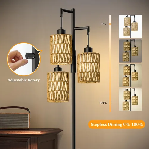 Vista 3 de Oneach Lámparas de pie de 70 pulgadas para sala de estar, lámpara de pie bohemia regulable con 3 bombillas, lámpara de árbol de esquina industrial