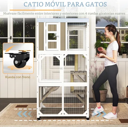 Vista 5 de Ketive Catio grande de madera para exteriores de 64", casa para gatos de ventana con ruedas y 3 plataformas, jaula para gatitos con techo resistente