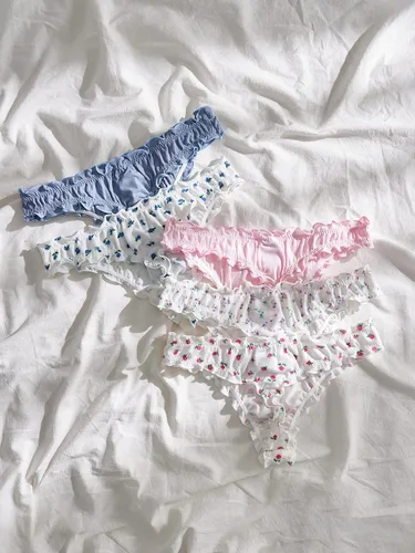 Vista 6 de Cozyease Conjunto de 5 piezas para mujer con estampado floral y ribete de lechuga de tiro bajo