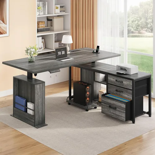 Vista 9 de 47 Inch L Shaped Desk with 3 Drawers Electric Standing Desks with Storage Computer Table Adjustable Height with Power Outlets 4 Memory Presets for