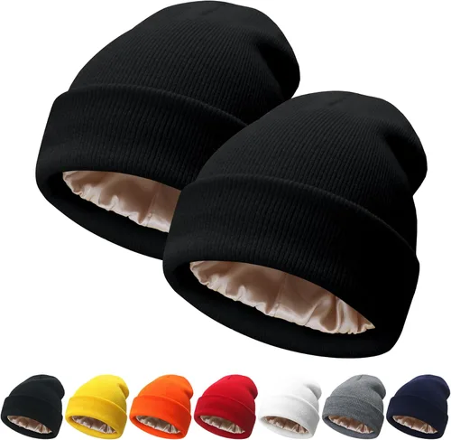 Vista 24 de NPQQUAN 2 PCS Satin Lined Beanie for Women Silk Lined Beanies Winter Warm Soft Lining Cuffed Knit Beanie Hats for Women
