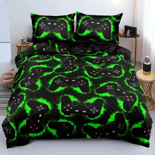 Vista 11 de Juego de funda de edredón de tamaño individual con estampado 3D de Gamepad azul para niños, fundas de edredón y fundas de almohada para dormitorio