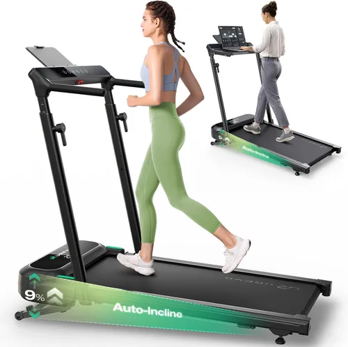 Vista 10 de UREVO Auto Incline Walking Pad with AI App, Adjustable Handlebar & Multifunctional Desk, 9% Power Incline Brushless Quiet Motorized Treadmill for