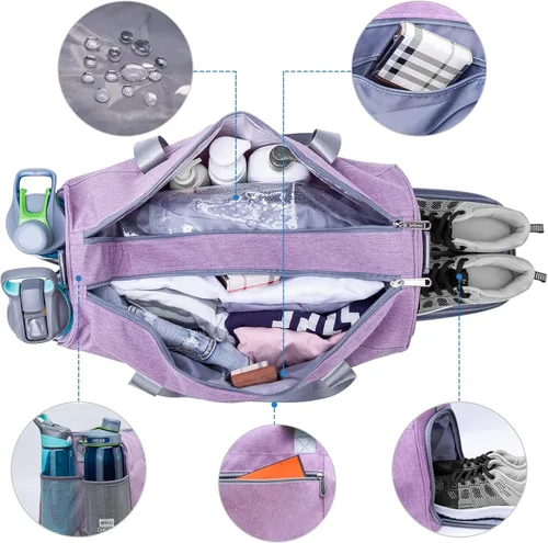 Vista 3 de Bolsa de gimnasio deportiva con bolsillo húmedo y compartimento para zapatos, bolsa de entrenamiento para hombres y mujeres, 4-Morado
