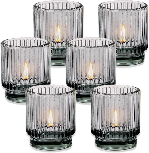Vista 8 de Kate Aspen Juego de Portavelas de Vidrio Acanalado - 6 Portavelas Gris Humo para Velas de Té para Decoración del Hogar, Cocina, Habitación o Sala