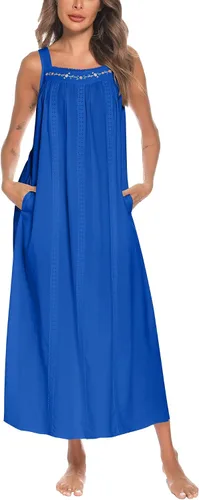 Vista 21 de YOZLY Camisones de algodón para mujer con bordado, sin mangas, con bolsillos S-XXXL