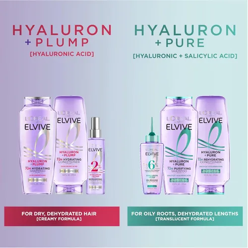 Vista 10 de L'Oreal Paris Elvive Hyaluron + Pure 72H Champú purificador para cabello graso, champú clarificador con ácido salicílico y ácido hialurónico, 28