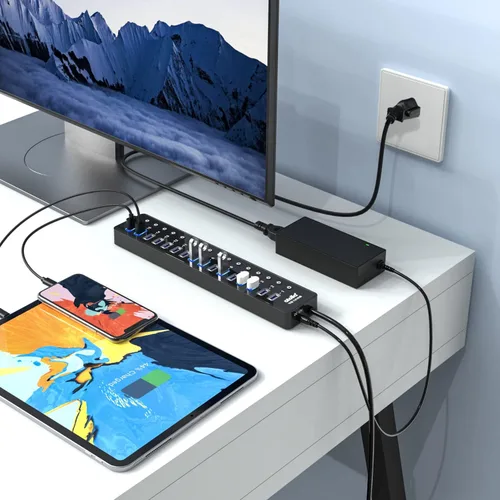 Vista 6 de Hub USB 3.0 de alimentación, divisor USB atolla de 16 puertos con adaptador de corriente de 12 V/6 A e interruptores individuales, transferencia