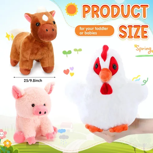 Vista 2 de Skylety Juego de 5 animales de peluche de granja de 10 pulgadas, animales de peluche de granja suave, cerdo gallo, caballo, oveja, vaca, juguete