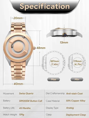 Vista 3 de EUTOUR Reloj de pulsera para hombre, magnético, minimalista, unisex, de acero inoxidable