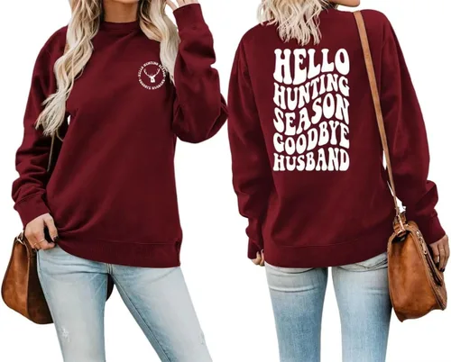 Vista 2 de DUDIHOHX Hello Hunting Season Goodbye Husband - Sudadera de manga larga con estampado de moda, casual, cuello redondo