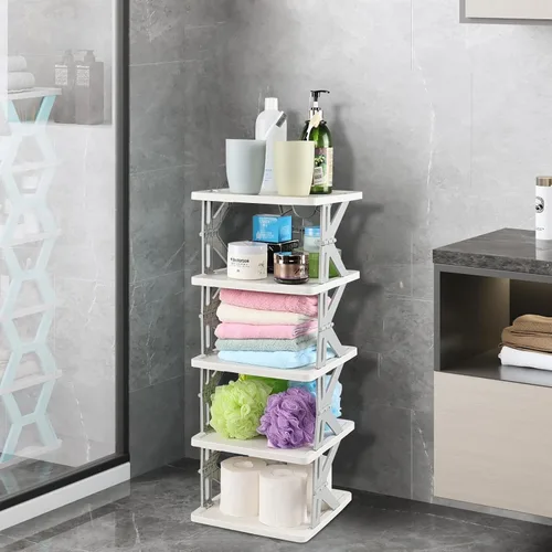 Vista 6 de Organizador de almacenamiento de zapatos estrecho vertical de 5 niveles para ahorrar espacio, zapatero plegable pequeño de plástico gris