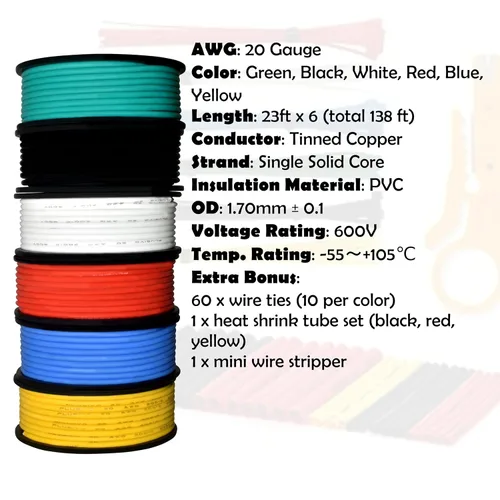 Vista 2 de Plusivo Cable de conexión de cobre estañado, 6 colores (negro, rojo, amarillo, verde, azul, blanco), kit de cable de conexión